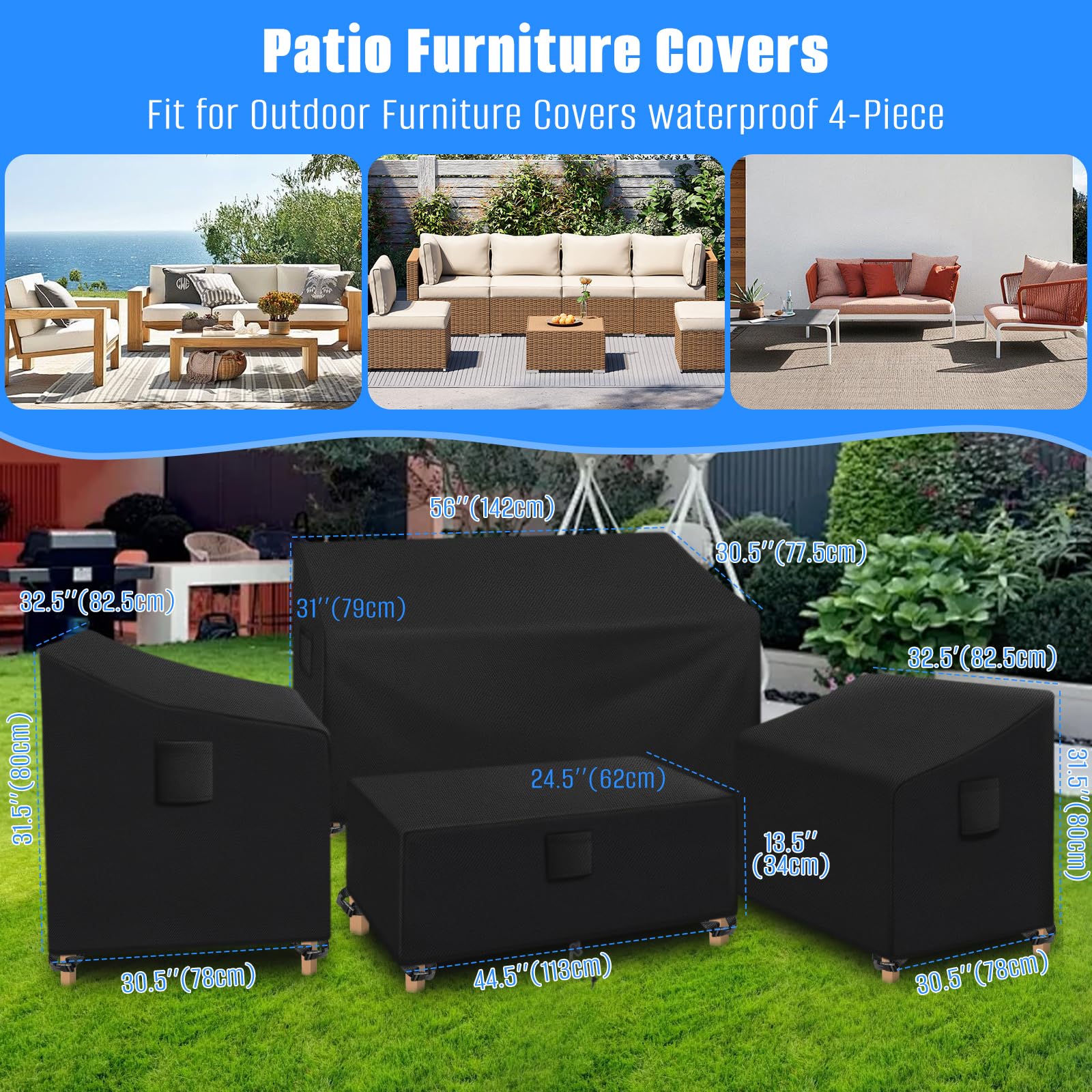 SIRUITON Patio Furniture Covers 4 Piece Set, Outdoor Furniture Cover Waterproof, Patio Furniture Set Covers, Heavy Duty Durable and Water Resistant Fabric, Fit for Chairs, Couch, Coffee Table, Black