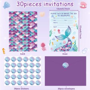 30 Pack Mermaid Birthday Invitation Mermaid Party Invitation Cards, 30 Mermaid Sticker Labels with 30 Envelopes Under the Sea Party Decorations Supplies for Kids Girls Baby Shower Ocean Birthday Party