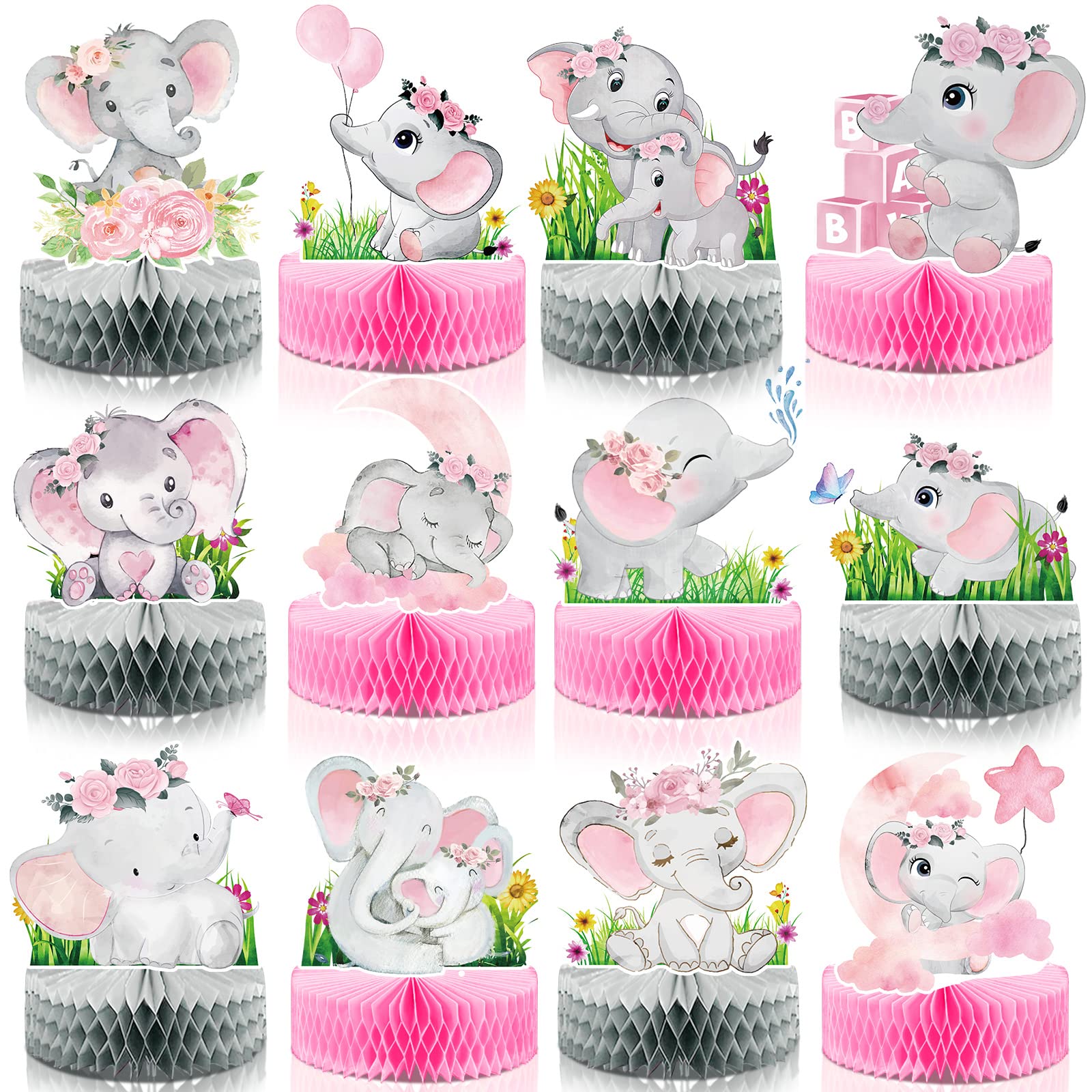 Tudomro 12 Pcs Pink Elephant Honeycomb Centerpieces Baby Shower Table Decorations Elephant Theme Party Centerpieces for Birthday Shower Wedding Party Supplies