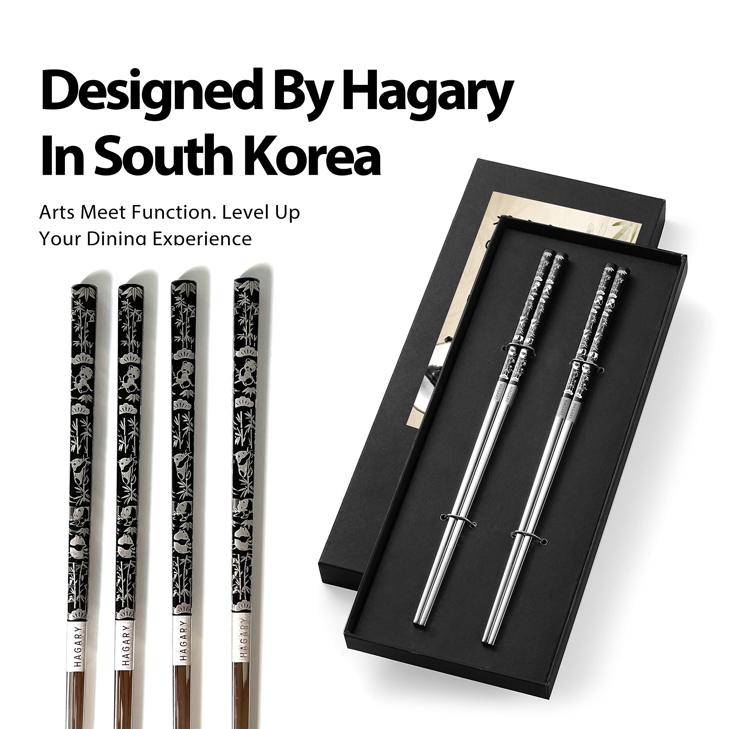 Hagary Panda Black Chopsticks Metal Chopsticks Reusable Designed In Korea Japanese Style Stainless Steel 316 18/10 Non-Slip Dishwasher Safe (Black - 2 Pairs)