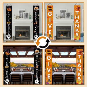 3 Pieces Halloween Trick or Treat&hocus pocus Banner and Thanksgiving Reversible Banner Happy Fall Harvest Thanksgiving Halloween Day Porch Sign Hanging Sign for Fall Decorations Outdoor,Front Door