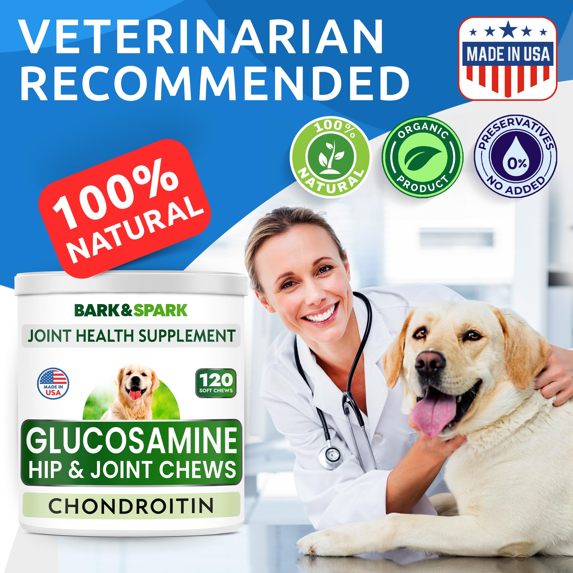 BARK&SPARK Glucosamine Chondroitin Dog Hip & Joint Supplement - Joint Pain Relief - Hip & Joint Chews - Joint Support Large Small Breed - Senior Doggie Vitamin Pill Joint Health (120 Treats - Bacon)