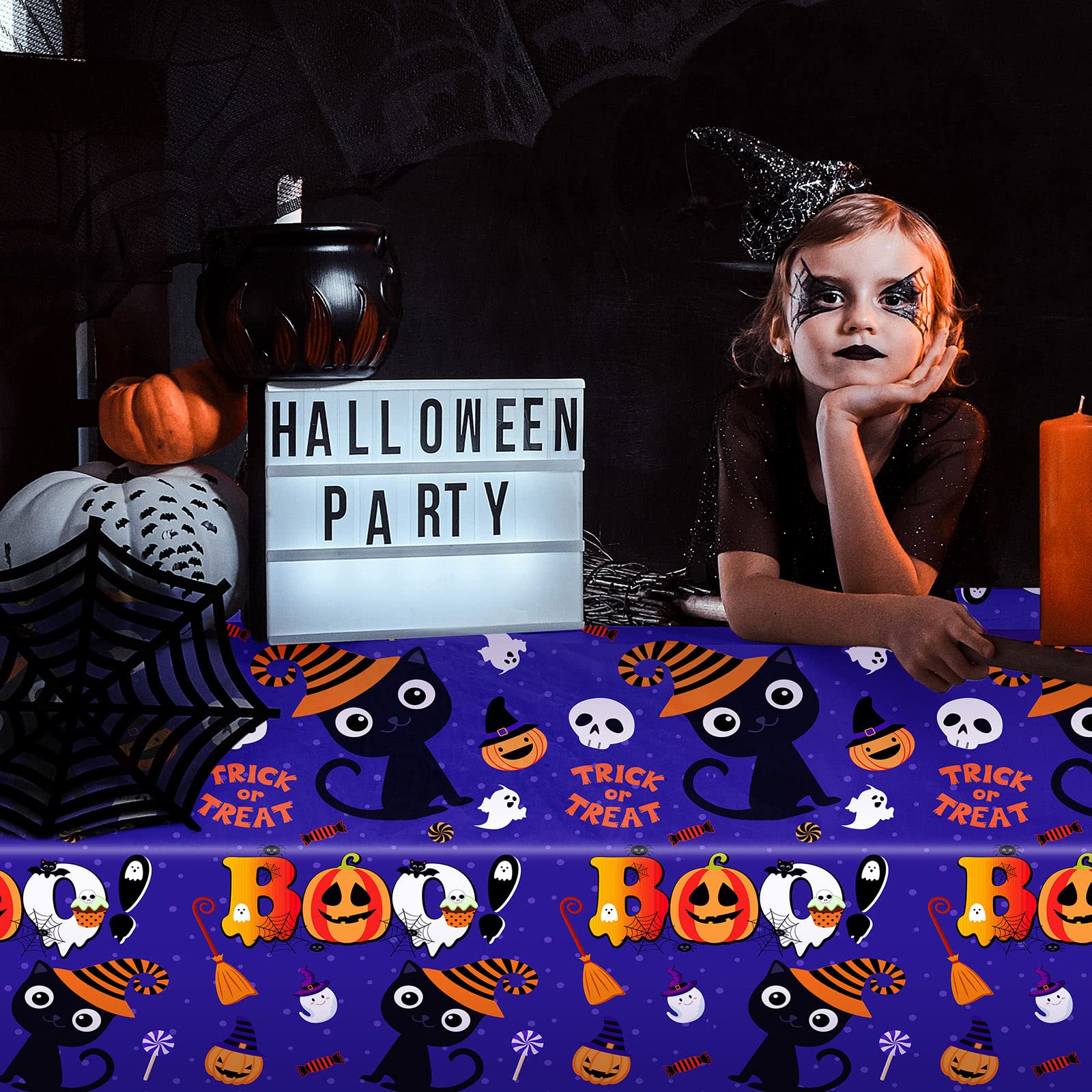 Tegeme Bulk Halloween Tablecloth for Kids Party 108 x 54 Inch Disposable Plastic Rectangular Table Covers with Cute Cat Pumpkin Boo Decorations for Happy Halloween Birthday Party Supplies(3 Pack)