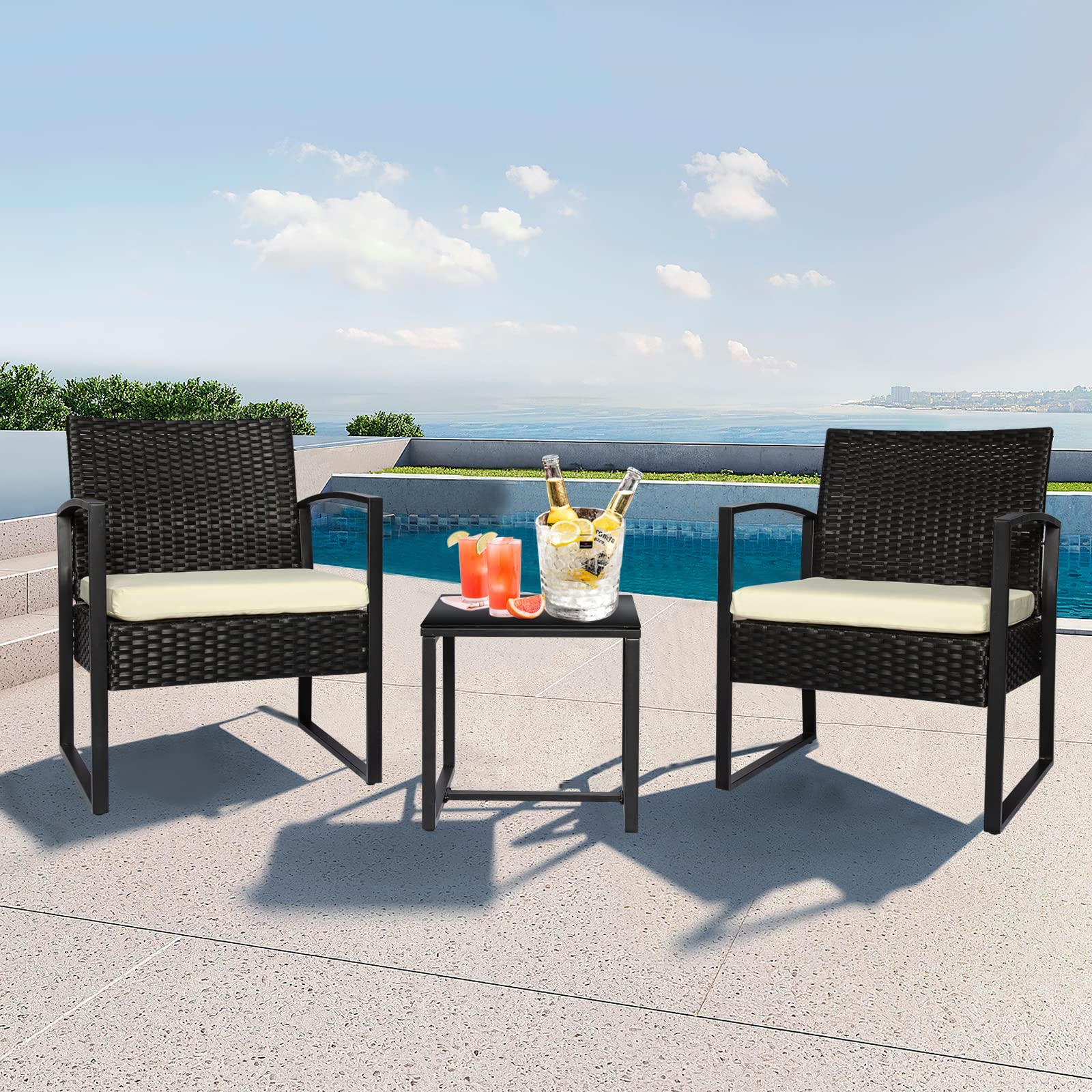 3 Piece Wicker Outdoor Patio Furniture Bistro Set, PE Rattan Chair w/Coffee Table, Small Modern Conversation Sets Clearance for Front Porch, Balcony, Garden, Lawn (Beige Cushion)