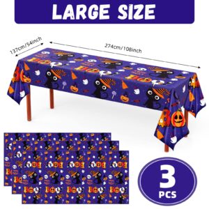 Tegeme Bulk Halloween Tablecloth for Kids Party 108 x 54 Inch Disposable Plastic Rectangular Table Covers with Cute Cat Pumpkin Boo Decorations for Happy Halloween Birthday Party Supplies(3 Pack)