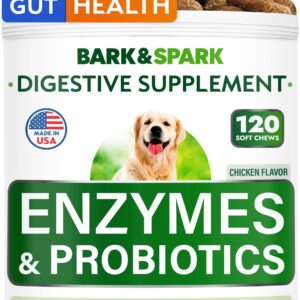 BARK&SPARK Dog Probiotics & Digestive Enzymes (Gut Health) Allergy & Itchy Skin - Pet Diarrhea Gas Treatment Upset Stomach Relief Pill, Digestion Health Prebiotic Supplement Tummy Treat (120Ct Bacon)