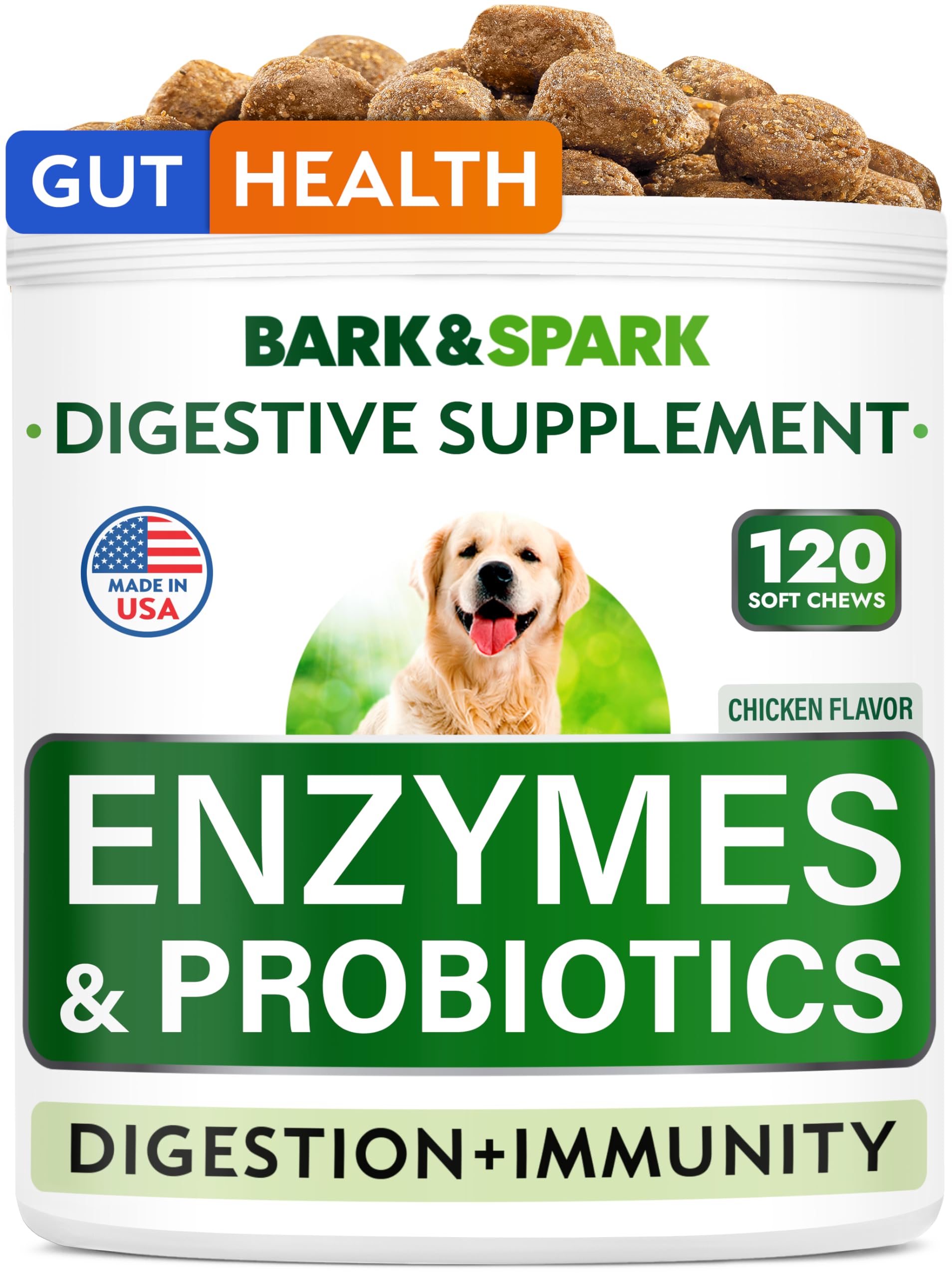 BARK&SPARK Dog Probiotics & Digestive Enzymes (Gut Health) Allergy & Itchy Skin - Pet Diarrhea Gas Treatment Upset Stomach Relief Pill, Digestion Health Prebiotic Supplement Tummy Treat (120Ct Bacon)