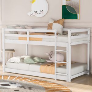 harper & bright designs low twin over twin kids bunk beds, solid wood floor bunk bed frame with ladder, toddler bunk bed with slat, safety guardrail for kids boys girls teen (white)