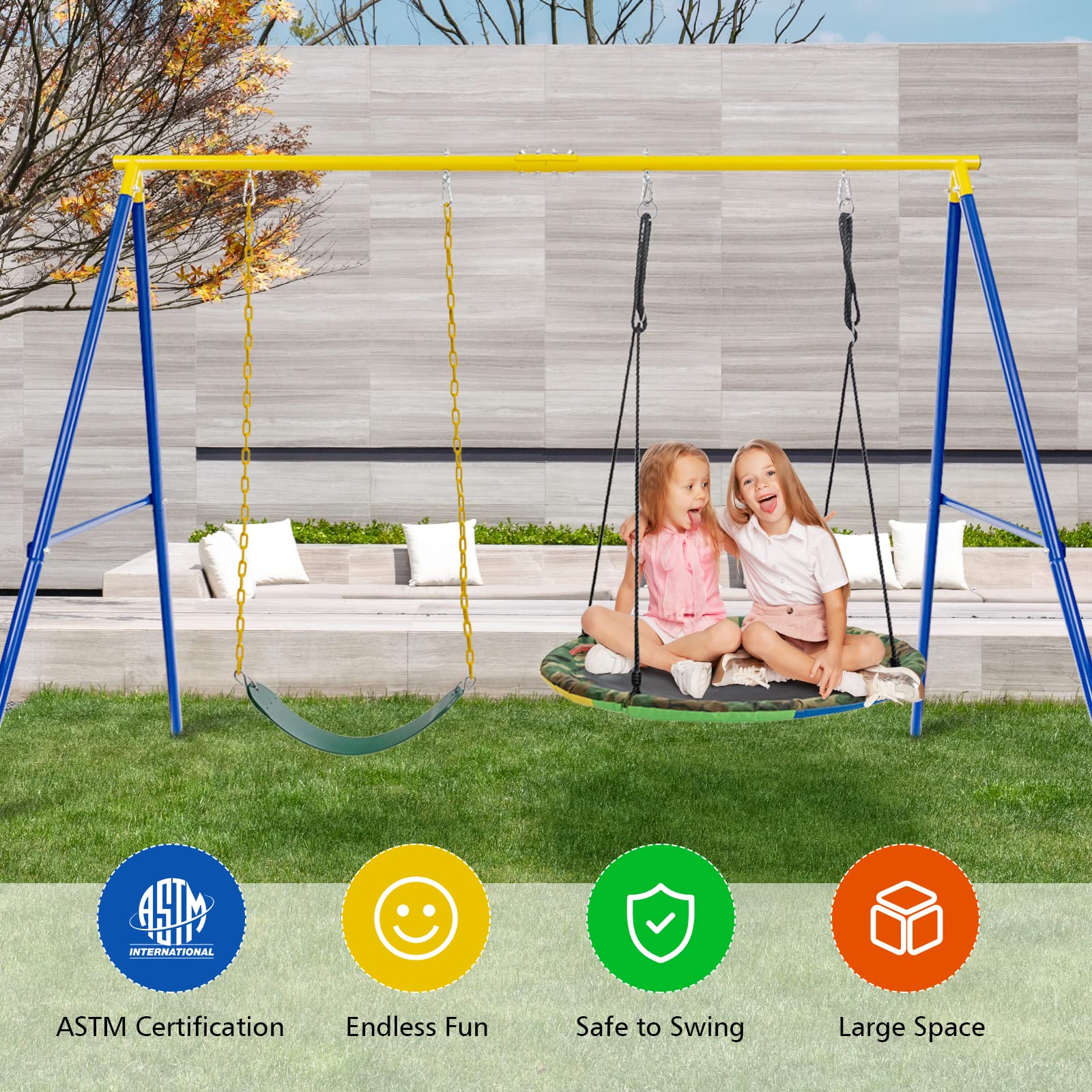 Costzon 550lbs Metal Swing Sets for Backyard, Heavy Duty Full Steel Swing Frame Extra Large A-Frame Stand w/Ground Stakes, Adjustable Ropes, Fits 2 Swings, Gift for Indoor Outdoor Kids and Adults