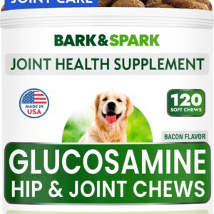 BARK&SPARK Glucosamine Chondroitin Dog Hip & Joint Supplement - Joint Pain Relief - Hip & Joint Chews - Joint Support Large Small Breed - Senior Doggie Vitamin Pill Joint Health (120 Treats - Bacon)