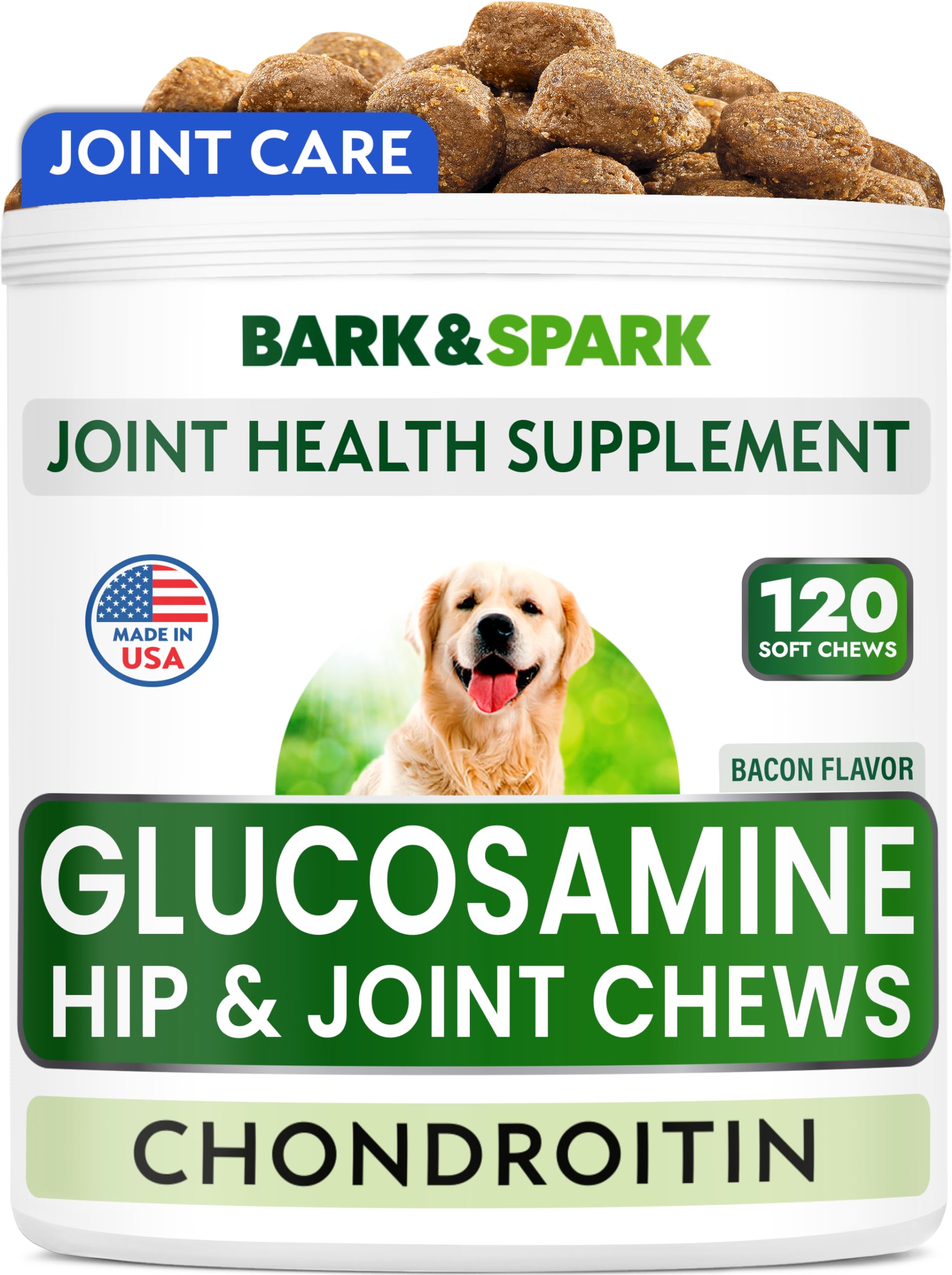 BARK&SPARK Glucosamine Chondroitin Dog Hip & Joint Supplement - Joint Pain Relief - Hip & Joint Chews - Joint Support Large Small Breed - Senior Doggie Vitamin Pill Joint Health (120 Treats - Bacon)