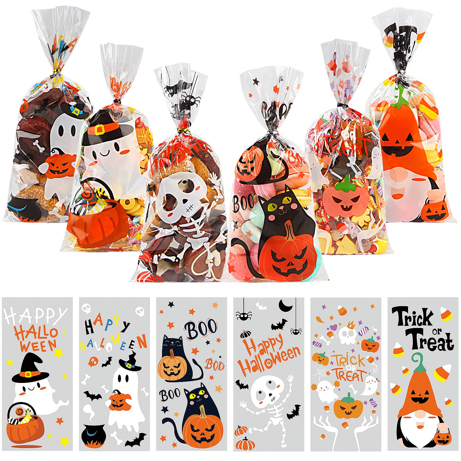 STEFORD 120PCS Halloween Cellophane Treat bags,Halloween Clear Cellophane Trick or Treat Candy Gift Cookie Bags with Twists for Halloween Party Favors Supplies