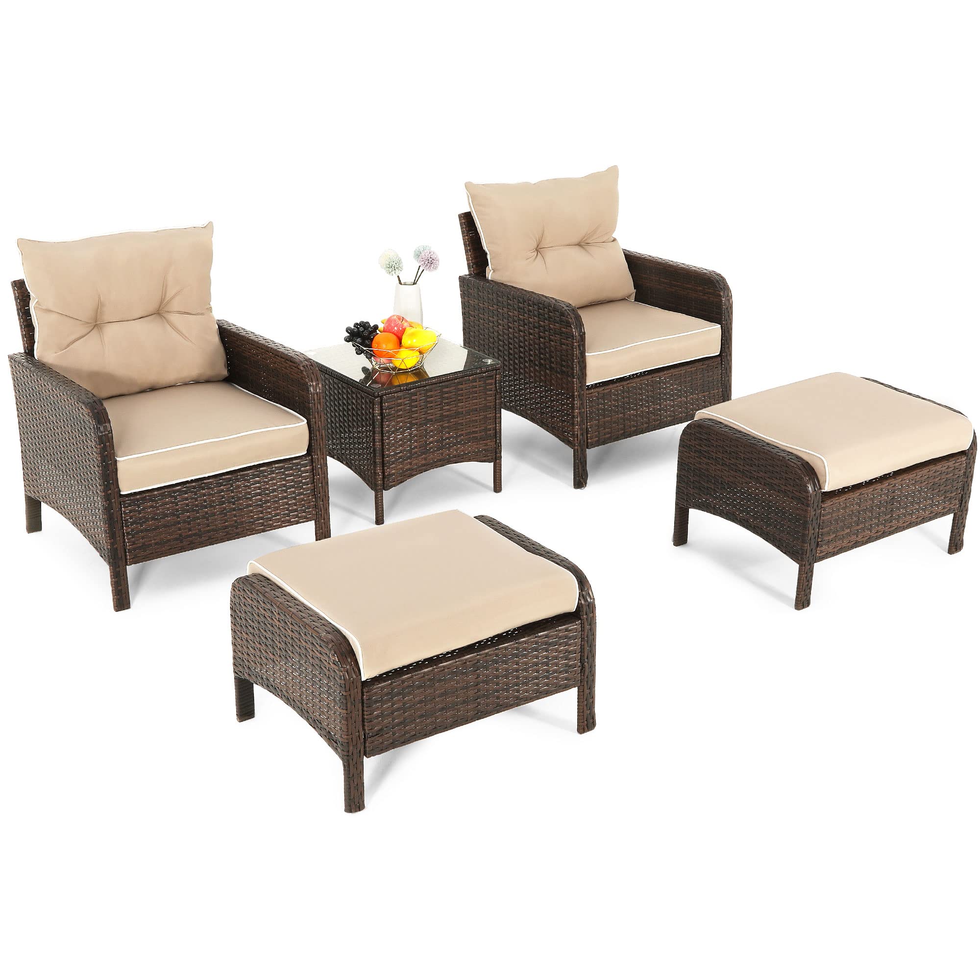 YITAHOME 5 Piece Wicker Patio Furniture Set, Patio Set Porch Furniture Outdoor Lounge Chair with Ottoman and Side Table, Brown