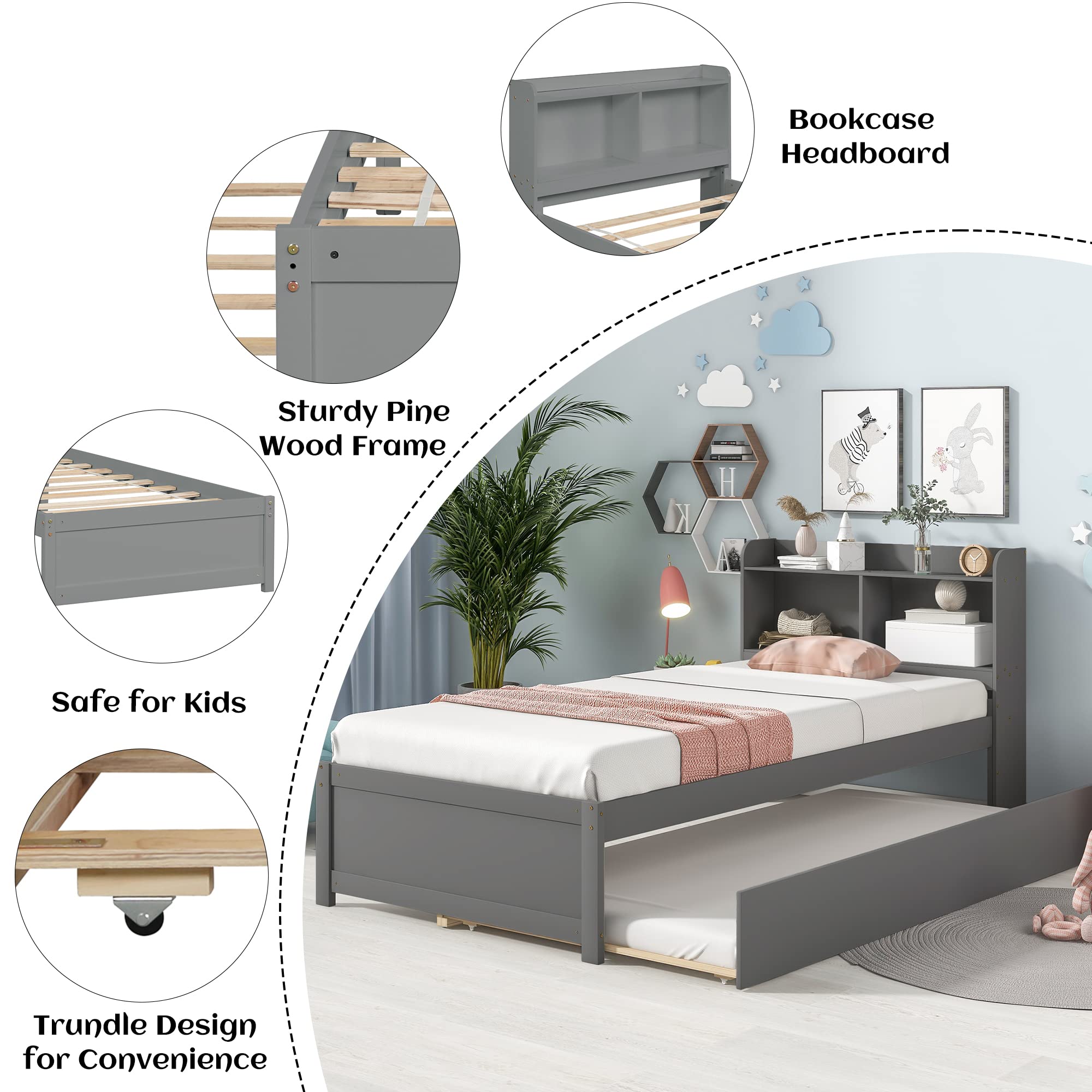 Olela Twin Bed with Trundle Bookshelf, Platform Twin Bed with Trundle with Bookcase Storage for Girls Boys, No Need Box Spring (Grey)