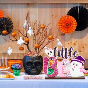 AwserTantue Little Boo Baby Shower Wooden Table Centerpiece, Halloween Glitter Pink and Black Wood Letter Sign for Halloween Party Kids Birthday Baby Shower Gender Reveal Party Decoration Photo Props