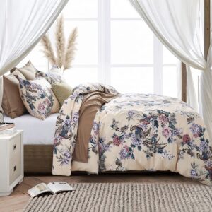 chinoiserie chic peacock floral duvet cover paradise botanical garden grouse pheasant bird and tree blossom branches vintage long staple cotton satin bedding set (pastel, king)