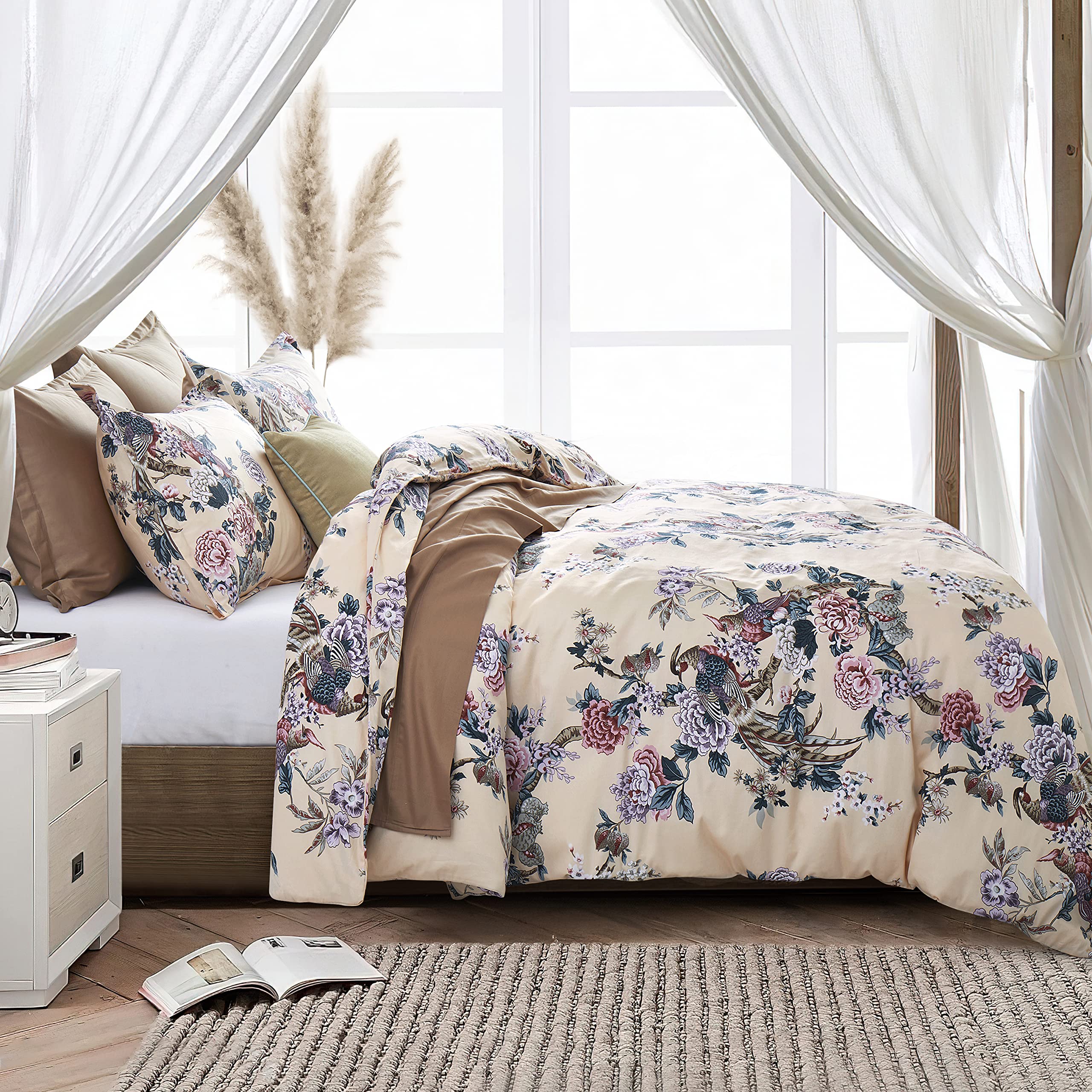 Chinoiserie Chic Peacock Floral Duvet Cover Paradise Botanical Garden Grouse Pheasant Bird and Tree Blossom Branches Vintage Long Staple Cotton Satin Bedding Set (Pastel, King)