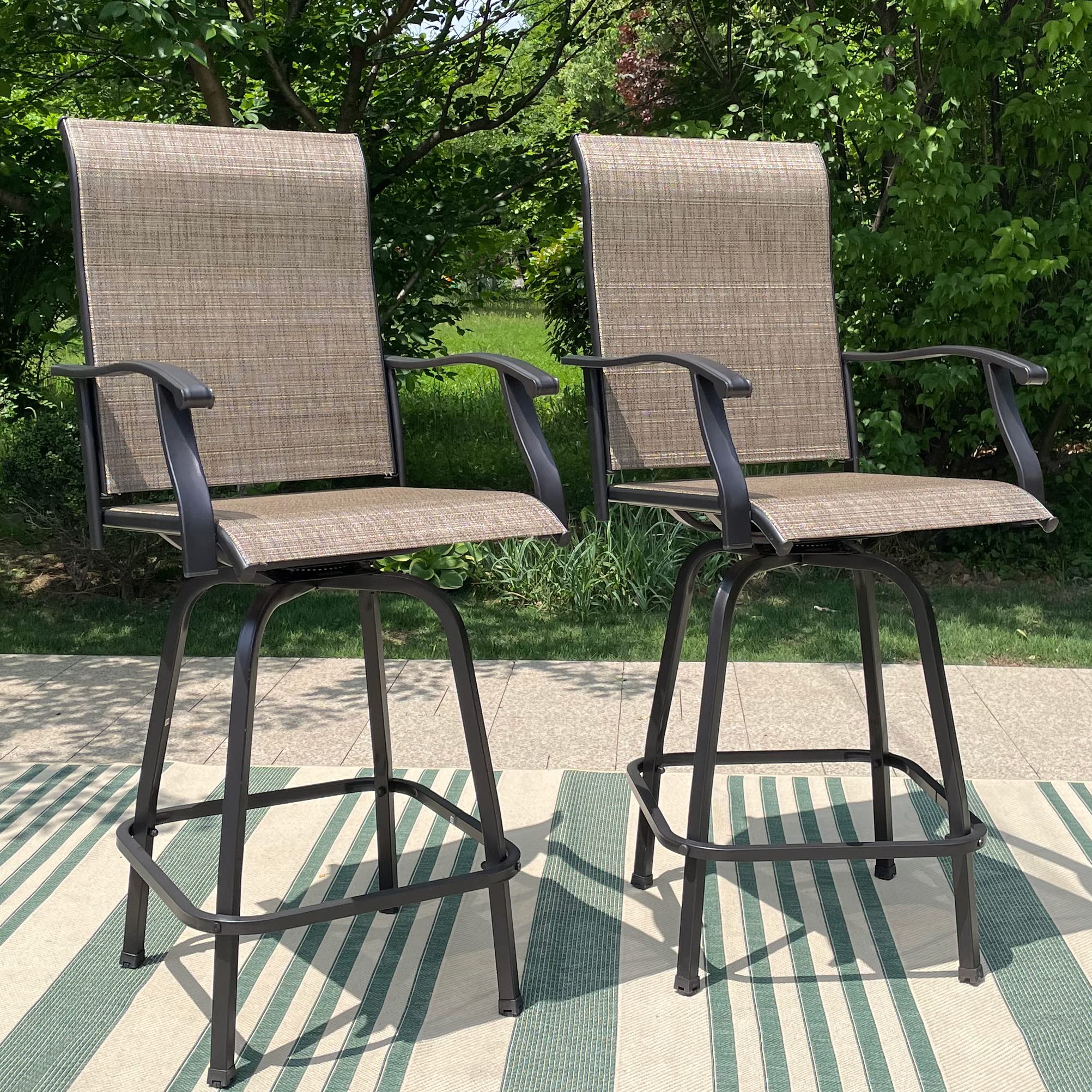 HERA'S HOUSE Outdoor Swivel Bar Stools, Outside Bar Height Patio Chairs Set of 2 with Solid Back & Armrest, All Weather Textilene Sling Fabric Chair for Lawn Garden