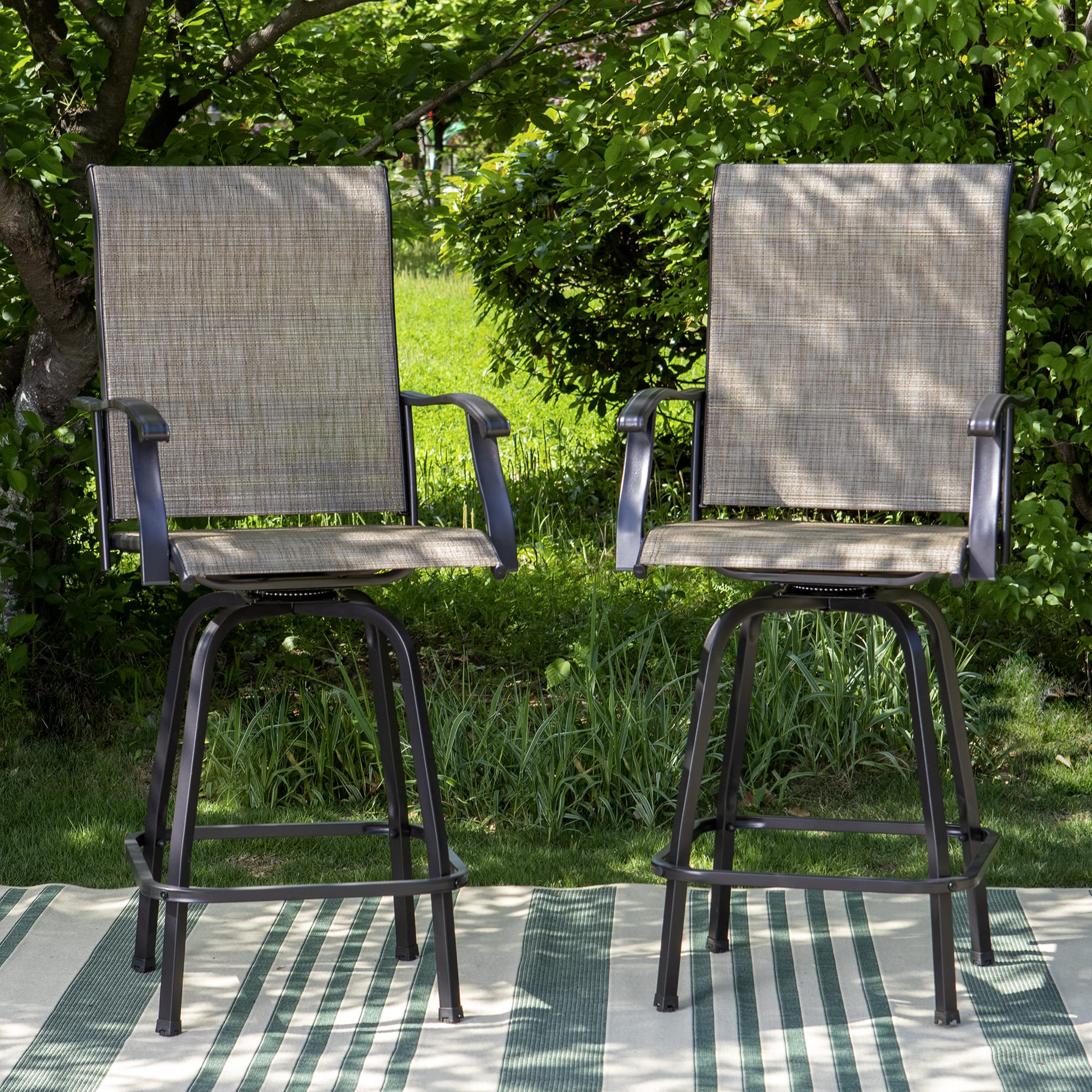 HERA'S HOUSE Outdoor Swivel Bar Stools, Outside Bar Height Patio Chairs Set of 2 with Solid Back & Armrest, All Weather Textilene Sling Fabric Chair for Lawn Garden