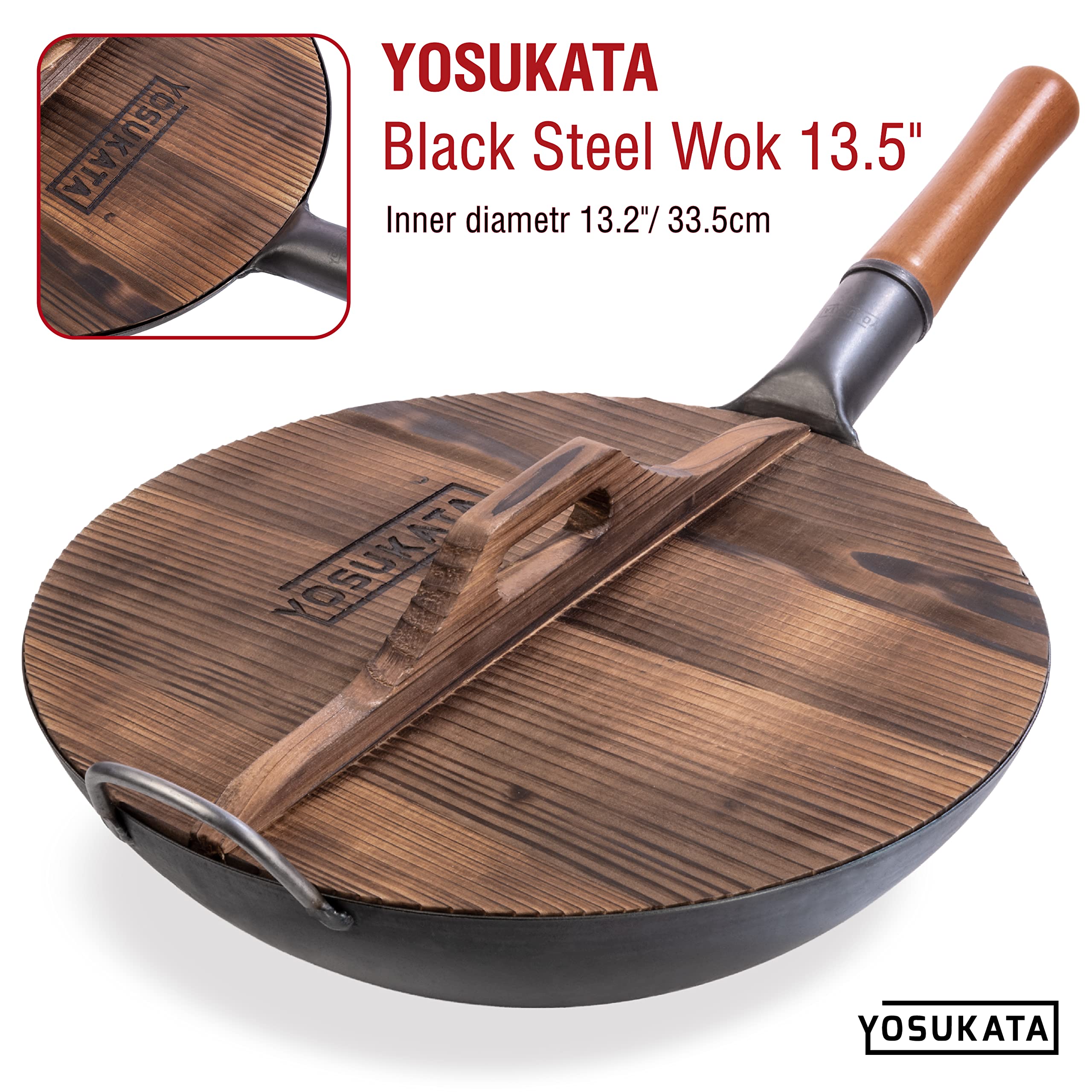 YOSUKATA Cast Iron Wok Cover - Premium Wok Cover 13.5 inch Pan Lid - Wooden Wok Lid 13.5 in with Ergonomic Handle - Condensate-free 13.5 inch Lid - Wok Accessories for Genuine Asian Cooking