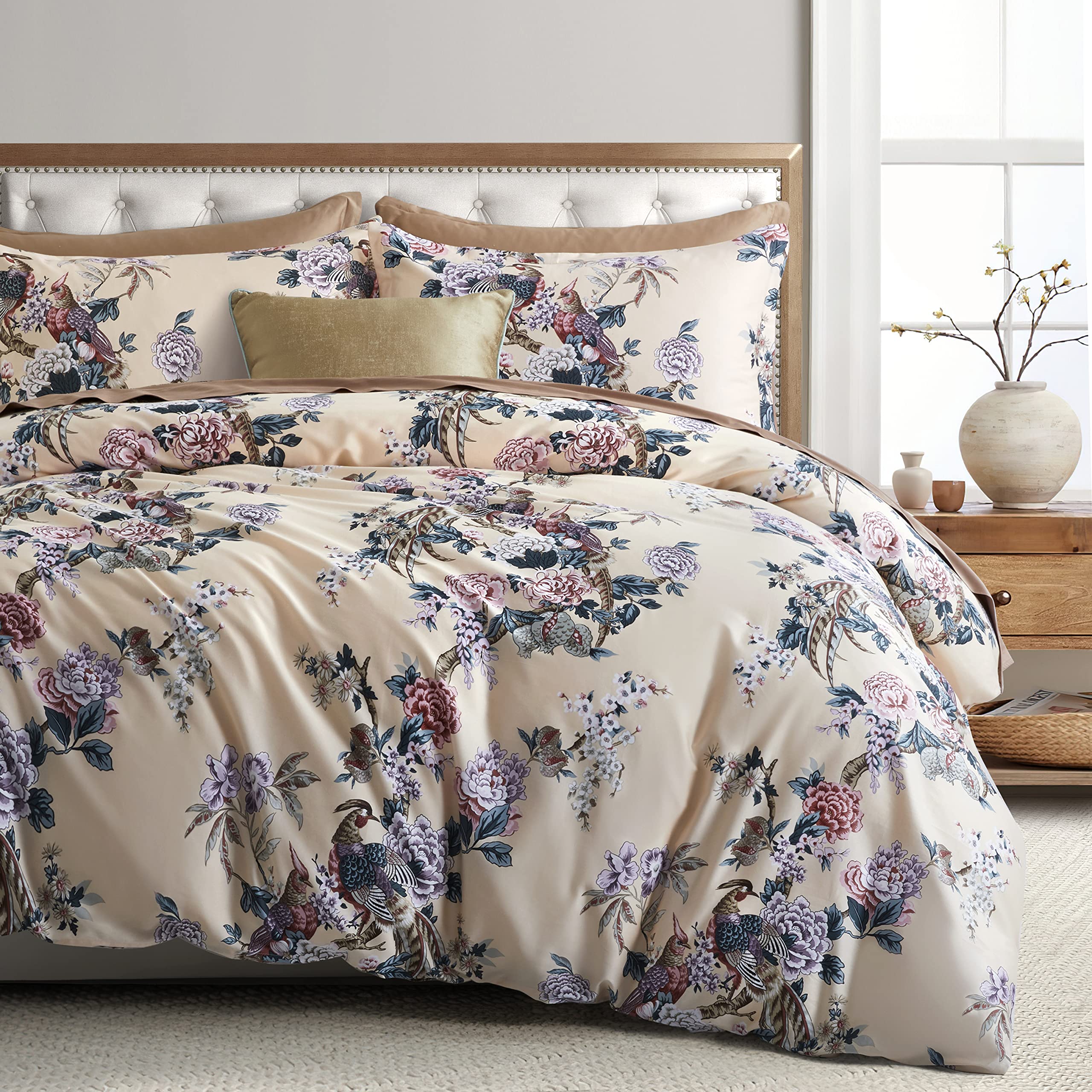 Chinoiserie Chic Peacock Floral Duvet Cover Paradise Botanical Garden Grouse Pheasant Bird and Tree Blossom Branches Vintage Long Staple Cotton Satin Bedding Set (Pastel, King)