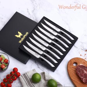 WALLOPTON Steak Knives Set of 8 - High Carbon Stainless Steel, Dishwasher Safe - Polished Blade & Handle, Straight Edge - 4.5'' Kitchen Dinner Table Knife Set Non Serrated