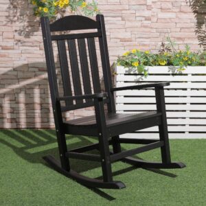 Xilingol Patio Rocking Chair, Poly Lumber Porch Rocker with High Back, 400Lbs Support Rocking Chairs for Outdoor Garden Lawn, Black