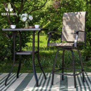 HERA'S HOUSE Outdoor Swivel Bar Stools, Outside Bar Height Patio Chairs Set of 2 with Solid Back & Armrest, All Weather Textilene Sling Fabric Chair for Lawn Garden