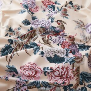 Chinoiserie Chic Peacock Floral Duvet Cover Paradise Botanical Garden Grouse Pheasant Bird and Tree Blossom Branches Vintage Long Staple Cotton Satin Bedding Set (Pastel, King)