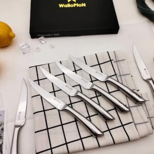 WALLOPTON Steak Knives Set of 8 - High Carbon Stainless Steel, Dishwasher Safe - Polished Blade & Handle, Straight Edge - 4.5'' Kitchen Dinner Table Knife Set Non Serrated