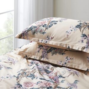 Chinoiserie Chic Peacock Floral Duvet Cover Paradise Botanical Garden Grouse Pheasant Bird and Tree Blossom Branches Vintage Long Staple Cotton Satin Bedding Set (Pastel, King)