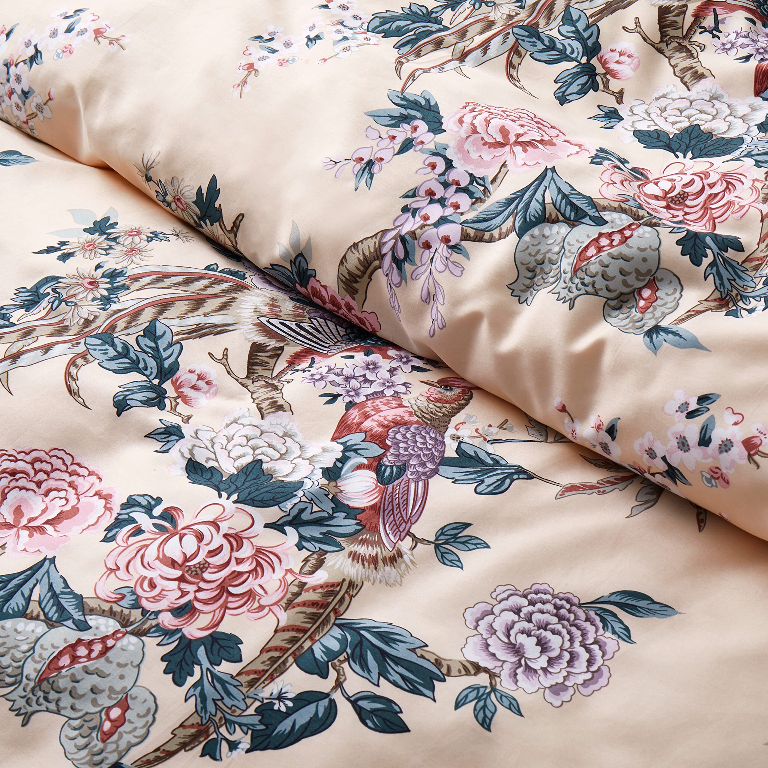 Chinoiserie Chic Peacock Floral Duvet Cover Paradise Botanical Garden Grouse Pheasant Bird and Tree Blossom Branches Vintage Long Staple Cotton Satin Bedding Set (Pastel, King)