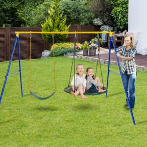 Costzon 550lbs Metal Swing Sets for Backyard, Heavy Duty Full Steel Swing Frame Extra Large A-Frame Stand w/Ground Stakes, Adjustable Ropes, Fits 2 Swings, Gift for Indoor Outdoor Kids and Adults