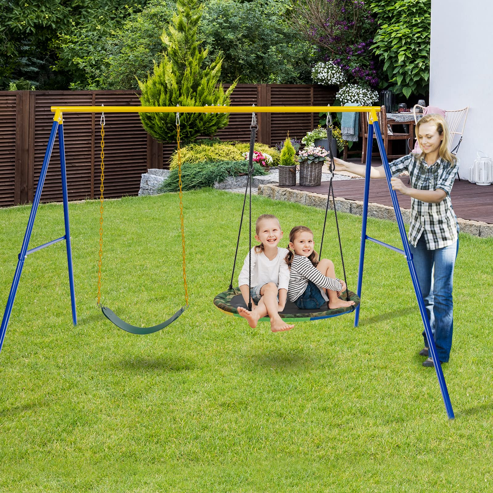 Costzon 550lbs Metal Swing Sets for Backyard, Heavy Duty Full Steel Swing Frame Extra Large A-Frame Stand w/Ground Stakes, Adjustable Ropes, Fits 2 Swings, Gift for Indoor Outdoor Kids and Adults