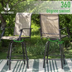 HERA'S HOUSE Outdoor Swivel Bar Stools, Outside Bar Height Patio Chairs Set of 2 with Solid Back & Armrest, All Weather Textilene Sling Fabric Chair for Lawn Garden