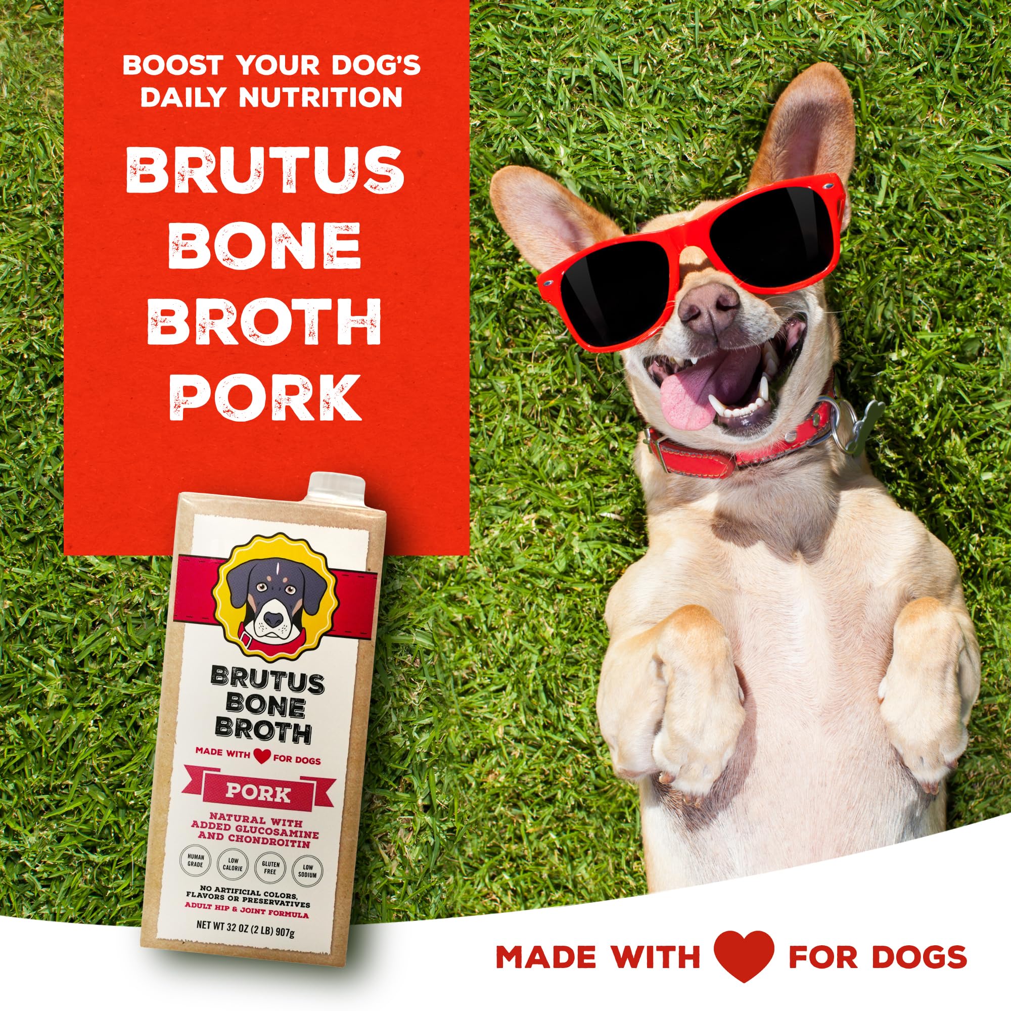 Brutus Bone Broth for Dogs | All Natural | Made in USA | Glucosamine & Chondroitin for Healthy Joints | Human Grade Ingredients | Hydrating Dog Food Topper, Gravy & Treat (Pork, 2-Pack)