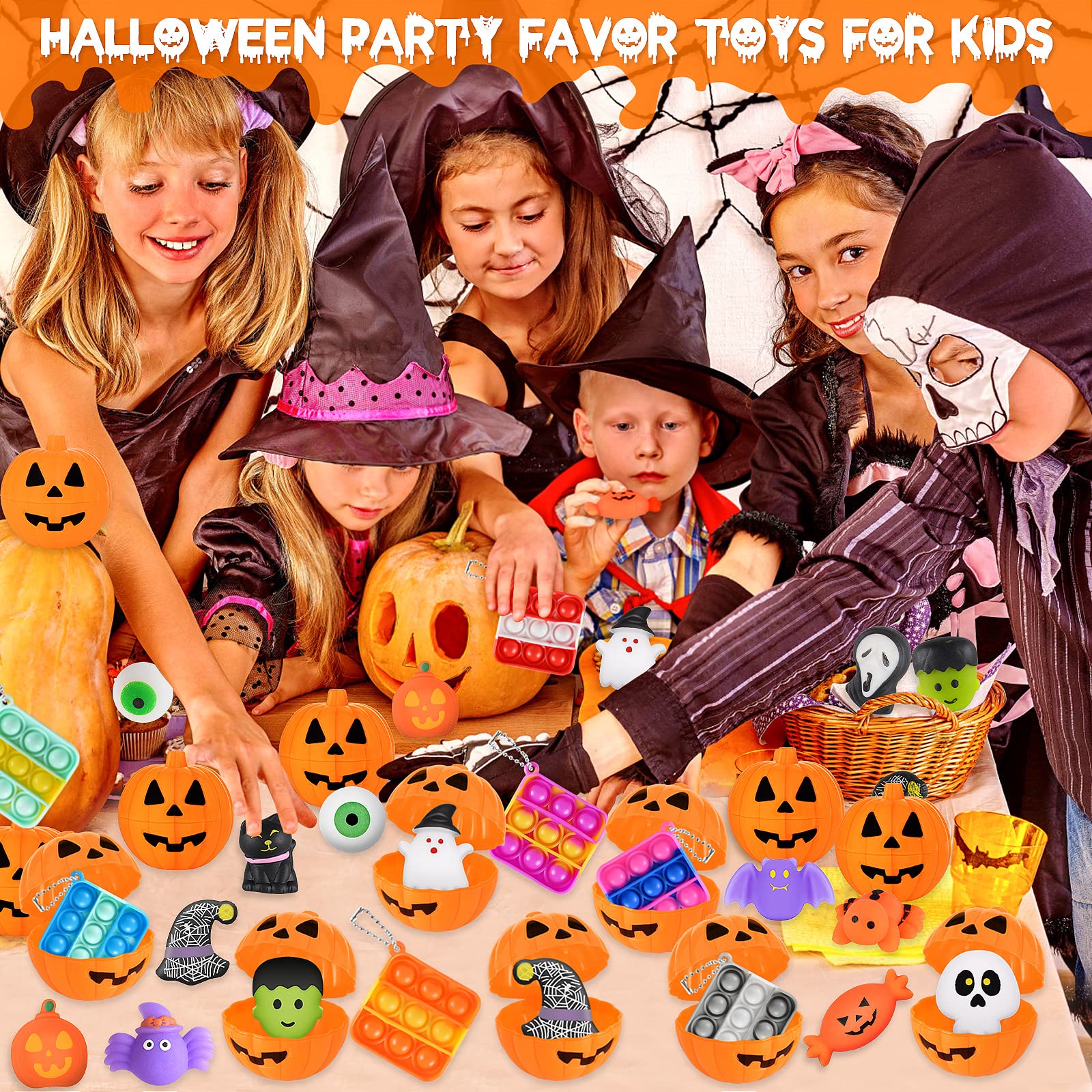 48 Halloween Toys Pack with Pumpkin Box, Halloween Party Favors Gifts for Kids, Halloween Goodie Bag Stuffers with Bubble Push it Keychain, Halloween Prizes Treats Non Candy School Classroom Favors