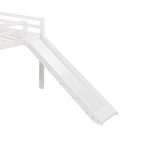 Merax Full Size Junior Wood Loft Bed with Slide Loft Bunk Bed for Girls Boys,White