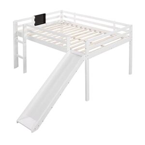 Merax Full Size Junior Wood Loft Bed with Slide Loft Bunk Bed for Girls Boys,White