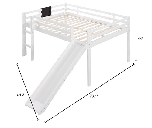 Merax Full Size Junior Wood Loft Bed with Slide Loft Bunk Bed for Girls Boys,White