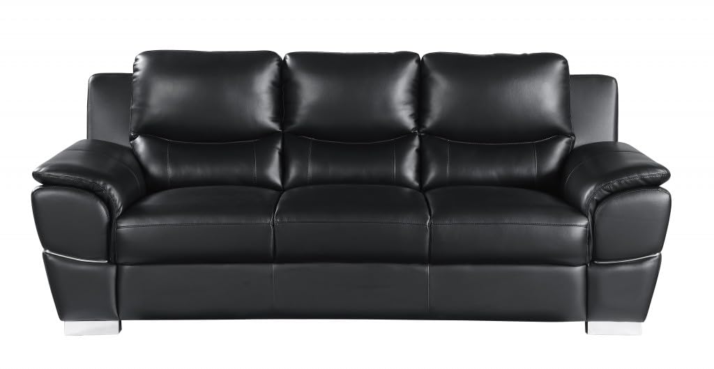 HomeRoots 85" Black Leather Sofa with Silver Legs