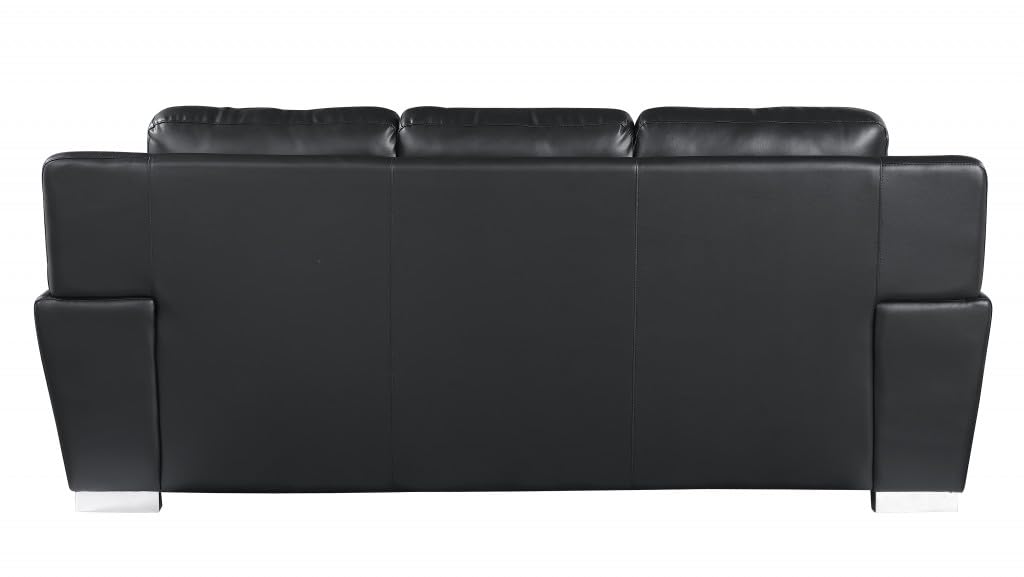 HomeRoots 85" Black Leather Sofa with Silver Legs