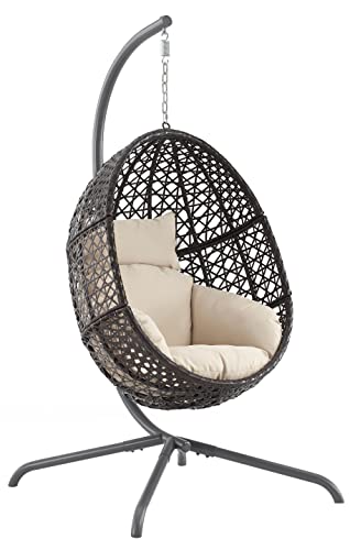 Crosley Furniture Calliope Wicker Indoor Outdoor Hanging Egg Chair with Stand for Patio, Porch, Deck, Sand