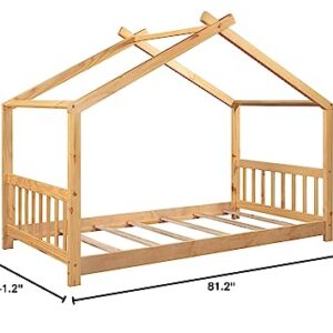 Merax Twin Size Wood House Bed with Roof, Headboard and Footboard, No Box Spring Needed, Natural