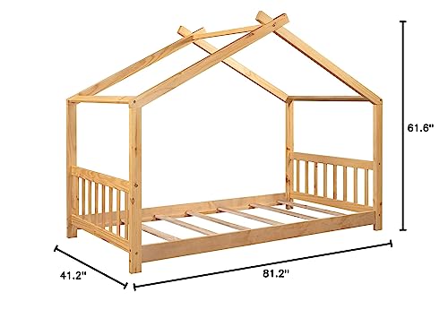 Merax Twin Size Wood House Bed with Roof, Headboard and Footboard, No Box Spring Needed, Natural