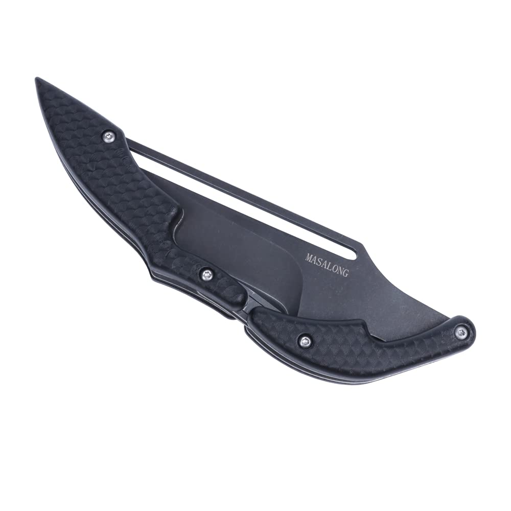 MASALONG Residual Wings KNI191 Damascus / 5cr15 steel folding collection knife (Straight back black blade+sheath)