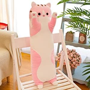 Yeqivo Long Cat Plush Pillow Soft Cat Body Pillow, Long Cat Stuffed Animal Cotton Kitten Sleeping Throw Pillow Gift for Kids Girlfriend(50CM,Pink)