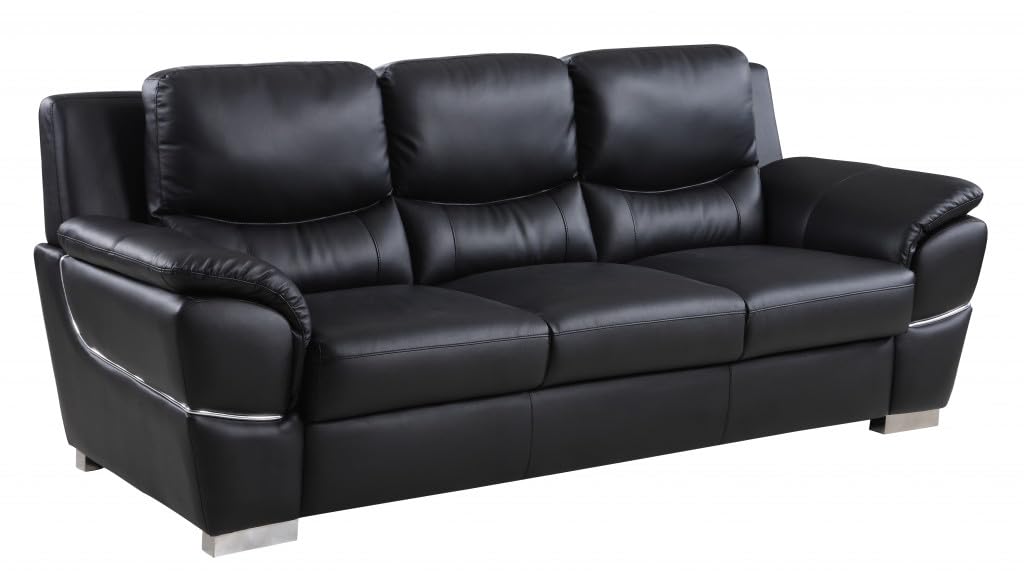 HomeRoots 85" Black Leather Sofa with Silver Legs