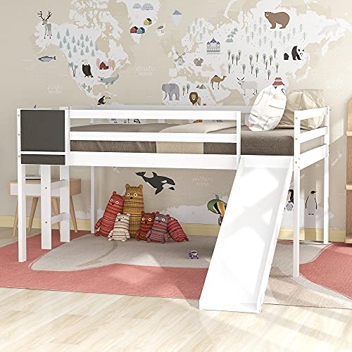 Merax Full Size Junior Wood Loft Bed with Slide Loft Bunk Bed for Girls Boys,White