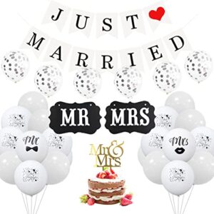 borsgye 33pcs just married banner mr and mrs wooden signs letter deco set printed balloons glitter latex balloons gold cake toppers reception sign garland for table bridal decorations supplies